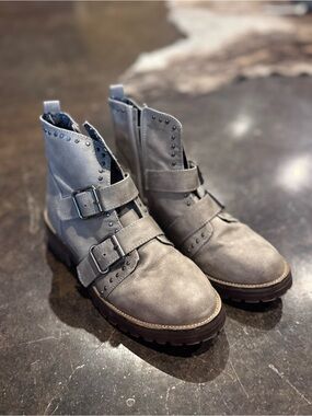 Very G Gray Studded Double-Buckle Combat Boots